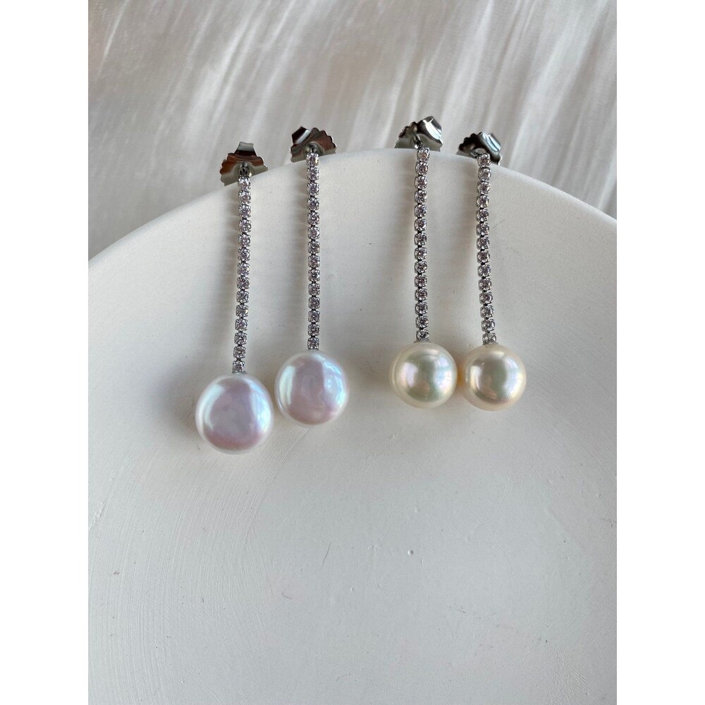 Flat coin baroque Fresh water pearl earring long earring